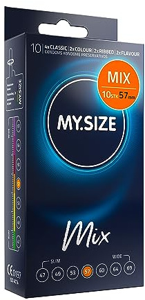 MY.SIZE Mix Premium Kondome Größe 4, 57 mm – 10 Stück | 4 Varianten: Classic, Genoppt, Blau & Rot | Großpackung