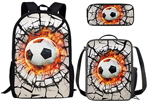Binienty Rucksack für Jungen und Mädchen, modisches Büchertaschen-Set mit Lunchtasche und Federmäppchen für Grundschul, Kindertaschen, Reise-Rucksack, Fußball-1, Einheitsgröße