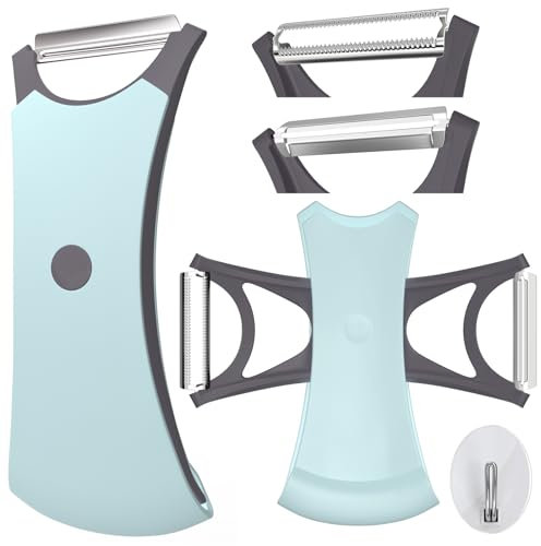 Pelapatate Professionale - Pela per Frutta e Verdure, Doppio Taglio, Lama in Acciaio Inossidabile, Finitura Seghettata, Impugnatura Ergonomica Antiscivolo, Blu