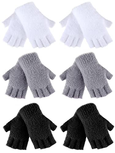 Geyoga 6 Paar Flaumige Fingerlose Handschuhe Halbfinger Handschuhe mit Fingerlöchern für Damen (Schwarz, Weiß, Grau, Koralle Vlies)