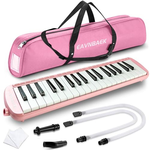 Eavnbaek 37 Tasten Melodica Instrument, Sopran Melodica Air Piano Keyboard Pianica mit 2 weichen langen Röhren, 2 Mundstücke Tube und Tragetasche für Schüler Anfänger Erwachsene Geschenk (Rosa)