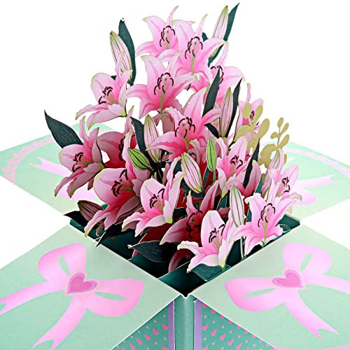Prasacco 3D Lily Bouquet Pop Up Cards Paper Flower Bouquet Teacher Appreciation Cards Thank You Card with Note Card Envelopes Greeting Cards for Women Mom Wife