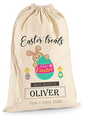 TULLUN Personalisiert Brauch Angefertigt Ostern Kaninchen Hase Baumwolle Gabe Sack Tasche Extra Groß (75 x 49 cm 38 Liter) Mit Kordelzug Für Urlaub Geschenke Und Eier Suchen - Frohe Ostern
