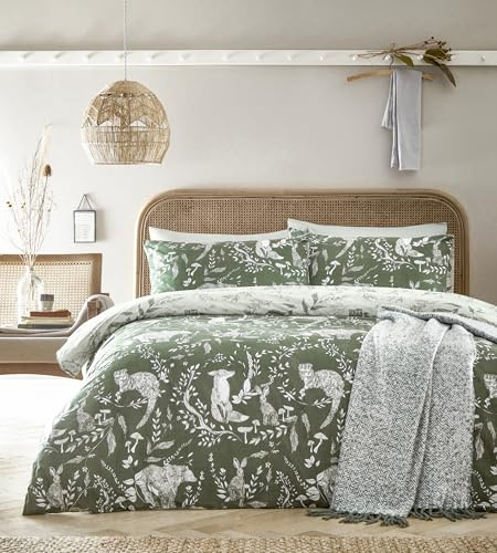 Furn - Set copripiumino olivello spinoso, stampa animali del bosco, design reversibile, biancheria da letto in policotone (verde, matrimoniale)