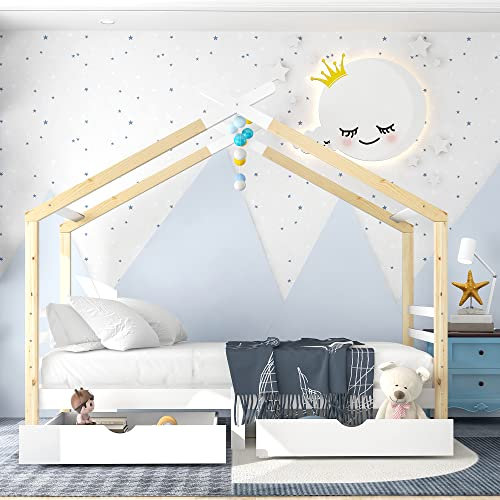 Idemon Kinderbett Hausbett mit Schubladen, Massivholz mit Lattenrost, Kiefernholz Hausbett, Kinder und Jugendzimmer, weiß+holzfarbe (90x200cm)
