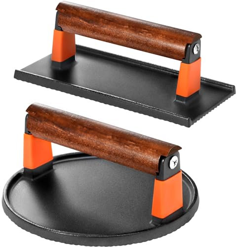 GGC Cast Iron Burger Press Kit, 7 Round and 8x4 Rectangle Smash Burger Press Set for Grill and Griddle Cooking, 2PCS Meat Press with Wooden Handle for Bacon, Hamburgers, Eggs, Sandwiches