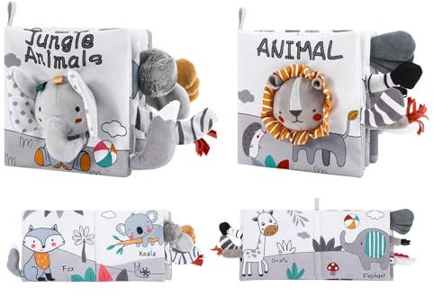 Partideal 2 Pack Lion Elephant High Contrast Sensory Baby Books Set