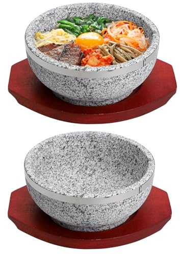 BIMUYI Lot de 2 bols à soupe en pierre coréenne avec plateaux en bois Dolsot Bibimbap en granit