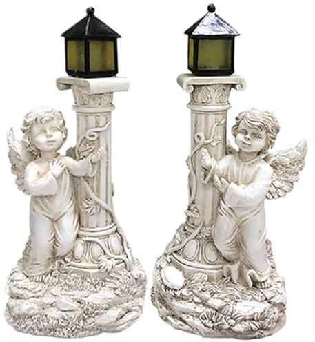 Ornamenti da Giardino Statue Angelo Solare 2 PCS Sinistra ＆ Statue Giardino Destra Resina 7.7 Figurine Alte Statue Esterne Impermeabili per Regalo di Lavaggio della Casa per La Casa
