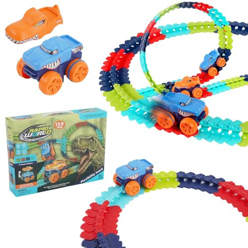 Kinder Rennbahn 150pcs mit 2 Glow Cars und Dinosaurier Design, Autorennbahn Spielzeug für Kinder ab 3-8 Jahre Junge Mädchen
