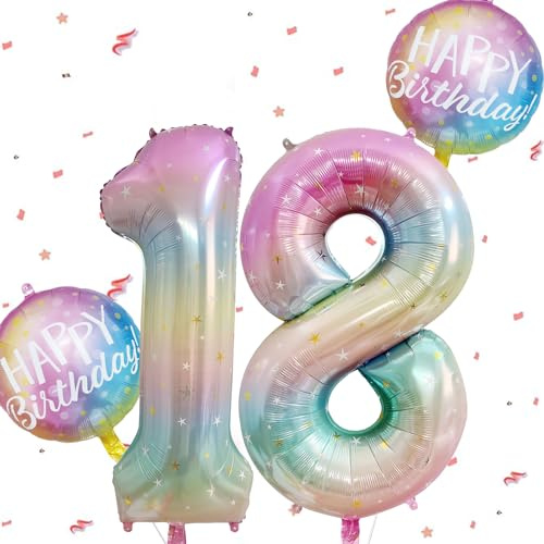 Bunter Happy Birthday Zahlen 18 Folienballon für Kindergeburtstag Deko, Regenbogen Farbverlauf Geburtstagszahl Ballon 18 Jahre, Baby Shower Geburtstag Dekoration Jubiläumsparty
