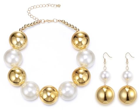 Ever Faith Big Ball Chain Beaded Choker Necklace for Women Large Cream and Gold Simulated Pearl Statement Chunky Necklaces Costume Jewellery