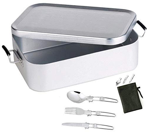 WEYFH Fiambrera de Aluminio para niños y Adultos con Juego de Cubiertos portátil Fiambrera pequeña Caja bento de 810 ml para niños Senderismo, Viajes, Escuela, Guardería, Camping,Plata