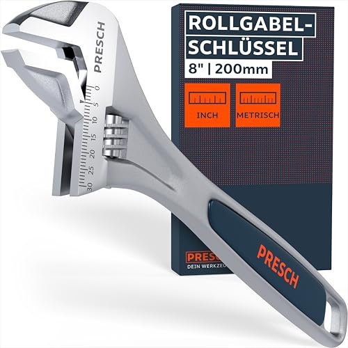 PRESCH Chiave inglese regolabile 200mm - Scala incisa al laser 30mm (metrica e pollice) - Fresata di precisione per una presa ottimale - Robusta chiave a rullino ad ago - Utensile di alta gamma
