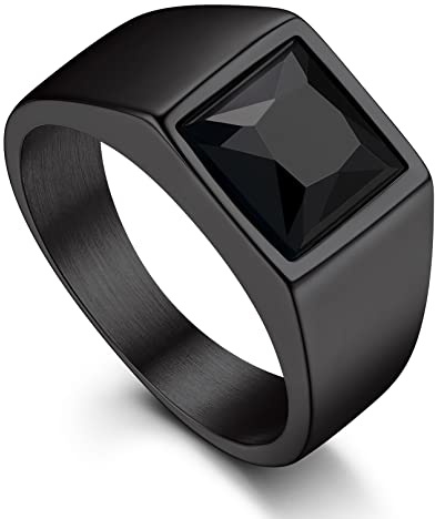 Bandmax Schwarz Siegelring Ring Damen Herren Edelstahl Ring mit 8MM breit Stein Verlobungsring Größe 69mm Bandring Schmuck Accessoires