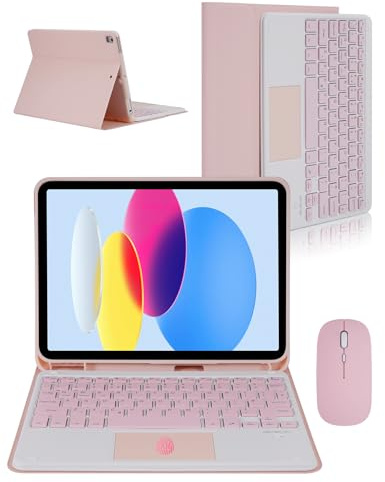 Nsyee Custodia tastiera con touchpad e mouse per iPad A16 e 10a generazione, rosa
