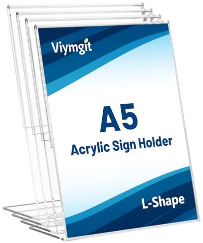 Viymgit Aufsteller DIN A5, 4 Stück glasklarer L-Ständer Hochformat Acryl A5 Werbeaufsteller, Tischaufsteller für Werbung, Speisekarte, Hinweisschild