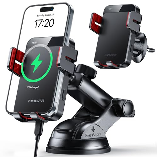 MOKPR Car Phone Holder Wireless Charger, 15W Wireless Car Charger | Auto Clamping Car Phone Holder for Air Vent/Dash/Windshield for iPhone 17/16/15/14/13/12&Samsung S26/S25/S24/S23/S22 (Red)