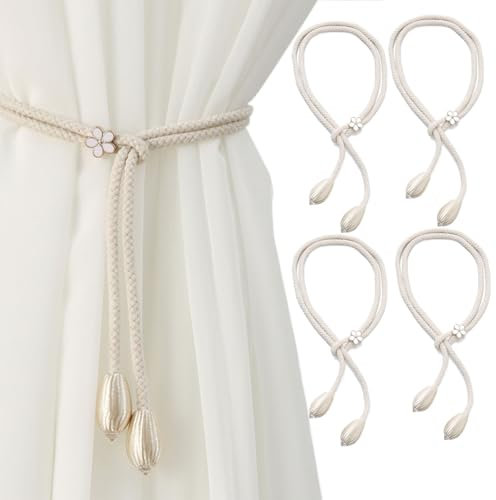 LUMOOM Curtain Rope Buckle, 4 fermatenda, tessuto a mano, corda lunga 48 cm, fermatenda per tende, ideale per soggiorno e camera da letto (beige)