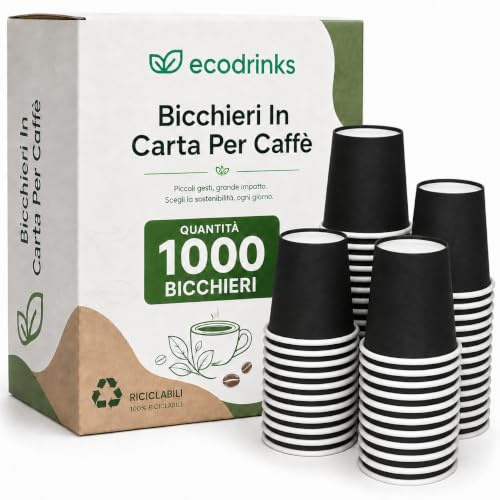 1000 Bicchieri Caffe Carta Da 75ml - Set Bicchierini Monouso per Bevande Calde/Fredde - Biodegradabili, Eco-friendly e Made in Italy, Nero