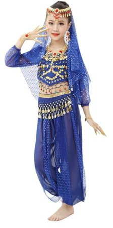 Raopuzi Mädchens Kleid Bauchtanz Chiffon Kostüme Kinder Pailletten Halloween Tuch Bauchtanz Tänzer Outfit Sets Prinzessin Karneval Cosplay Faschingskostüm (Blue, 9-10 Years)