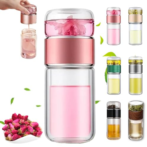Teava 3-in-1 Smart Tee-Infuser, Tryteava Glas-Infuser, Tragbarer Glas-Doppelwand-Tee-Infuser, Tee- und Wasser-Trennbecher mit Sieb für leicht, auslaufsicher (Rosa, 280 ml)