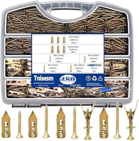 Tnisesm 480Pcs Self-Drilling Drywall Anchors with Screws, 2025 Upgraded Zinc Plated Steel for Heavy Duty, Metal Screw Anchors Kit, No Drill and Holes in Wall (4 Sizes)