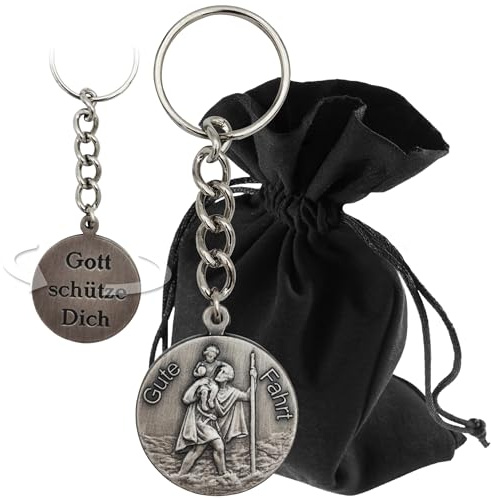 Lunexus Christophorus Schlüsselanhänger Metall - Silber, 9 cm | Hl. Christopherus Medaille Ø 3 cm - Gravur „Gute Fahrt“ / „Gott schütze Dich“ - gesegnet mit Zertifikat, Samtbeutel