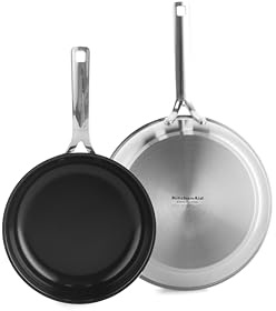 KitchenAid Stainless Steel PFAS-frei Gesunde Keramik Antihaft-Pfannenset 24 cm & 28 cm, Plattiert, Induktion, Stay-Cool-Griff, Backofenfest, Silber