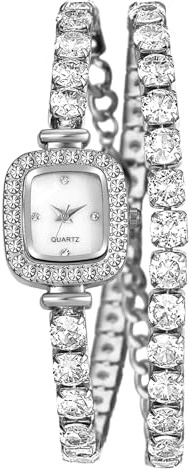 Avaner Uhren Damen Rechteckige Tennisarmbanduhr: Mehrlagiges Armband mit Diamantimitat Kleine Damenuhr Hip Hop Halskettenanhängeruhr Analog Quarzuhr Geschenk für Frauen