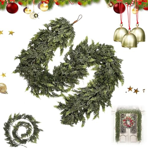 6 FT Artificial Cedar Garlands, Thick and Lush Green Faux Cedar Pine Needles, 2025 Christmas Artificial Cypress Leaf Vine Wreath, for Mantel Fireplace Holiday Decor (180,6FT)