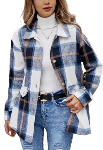 Camisa De Franela A Cuadros para Mujer, Cuello, Manga Larga, Solapa, Botones, Blusas, Tops Casuales, Camisas De Franela A Cuadros, Chaqueta Básica Gruesa De Gran Tamaño, Azul L