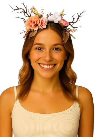 MIMIKRY Diadem mit rosa Blumen und Zweigen Elfe Fee Kostüm-Zubehör Haarreif Kopfschmuck Mutter Natur Waldgeist
