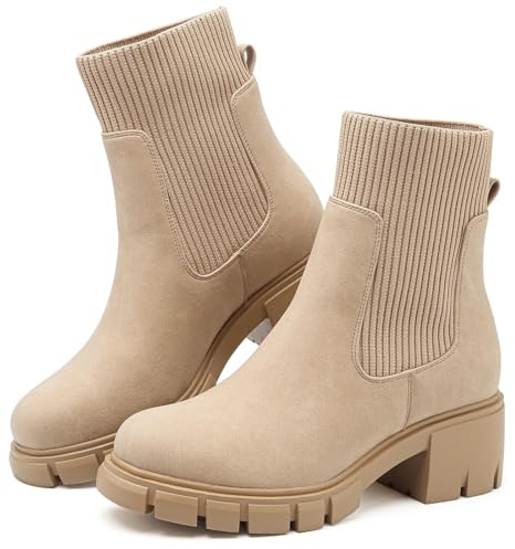 Bravover Chelsea Boots Women Waterproof Platform Pull On Chunky Heel | PU upper ribbed elastic side panels back pull tabs round toe and deep lug tread for commuting shopping and daily wear