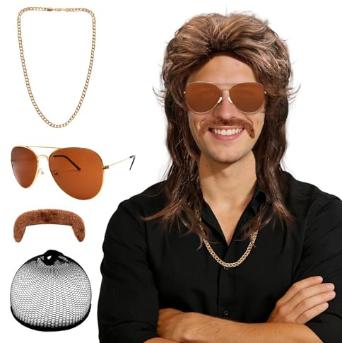 JJKOL 5 Pièces Perruque Mulet Homme Femme, Annee 80, Disco Perruques Année 80, Naturelle Perruque avec Lunettes de Soleil Fausse Barbe et Collier, Déguisement pour Costume Carnaval Cosplay Mascarade