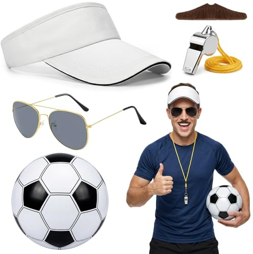 Athora 5Pcs Soccer Coach Costume Accessories Set for Adults, Football Coach Costume Set with Sunglasses, Visor Hat, Whistle, Fake Mustache, Inflatable Ball, Halloween Soccer Coach Fancy Dress