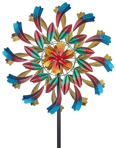 Kobolo Windrad Dekostecker Sole | 61x26x216 cm | Metall | buntes, modernes Garten-Windspiel | XXL Metallwindrad für Gartendeko, Vorgarten & Outdoor-Dekoration | robuster Gartenstecker