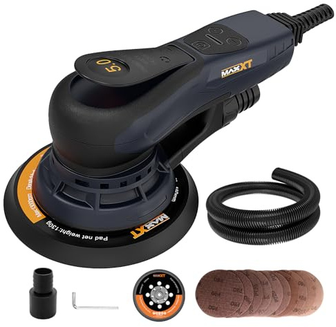 MAXXT lijadora excéntrica 150 mm, sin escobillas, conector tri-núcleo, carrera 5,0 mm, freno automático (2 s), 6 velocidades, incluye 10 lijas y cable 5 m.