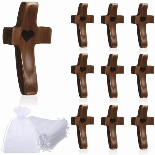 Qnvyw 10 Stück Handschmeichler Geschnitztes Holzkreuz, Handschmeichler Kreuz Holz Klein Kruzifix Handgeschnitztes Liebeskreuz für Andachtsgebete Taufe Kommunion
