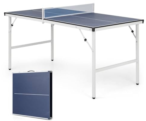 GYMAX Portable Ping Pong Table, Foldable Table Tennis Table with Net, Ping Pong Balls & 2 Paddles, Height Adjustable Compact Game Tables for Indoor Outdoor (Blue+White, 152.5 x 76 x 71 cm)