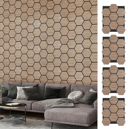 COSTWAY 4 Pack Acoustic Wall Panel, Sound Absorbing Panel for Wall, Wooden Decorative Sound Proofing Panels for Recording Studio Office Home (81 x 66 x 1.8cm/32 x 26 x 0.7”, 9 Hexagonal Board)