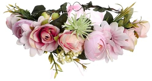 Blommigt pannband med rosa blommor, romantiska blomgirlanger för brud, krona för kvinnor (färg1)