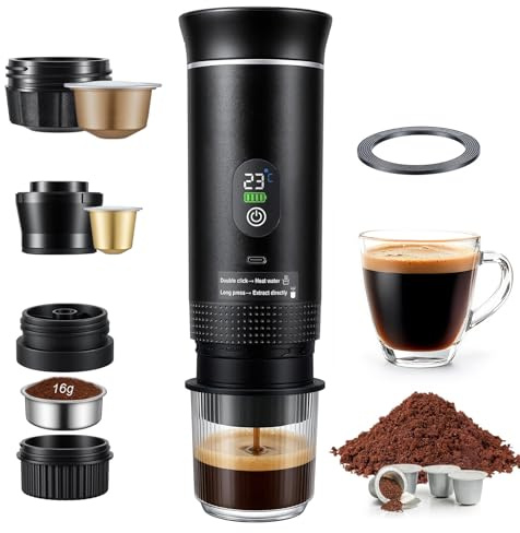 Portable Coffee Maker, 3 In 1 Electric Travel Espresso Machine 20 Bar,Compatible with Small/Large Capsules & Coffee Grounds Rechargeable Self-Heating Portable Espresso Maker for Travel Camping Hiking