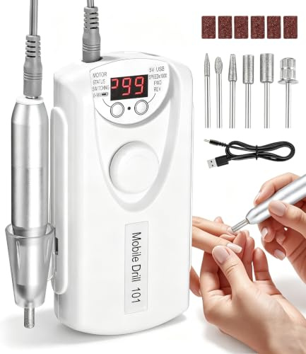 Gyxova Fresa de Uñas Eléctrica Profesional,12000 rpm Lima Electrica Uñas | Lima Electrica Uñas Profesional, Velocidad Ajustable, Juego de Brocas Inalámbricas Recargables Uso Doméstico Salones de Uñas
