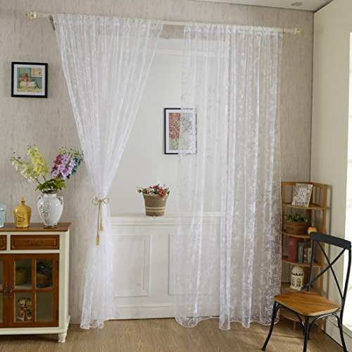 Lommer Vorhang Transparent, 2er 200x100CM Gardinen Set Beflockung Fenstersiebung Voile Schlaufenschal Tüll Fenster Vorhang Garn für Schlafzimmer und Wohnzimmer, Schmetterlingsmuster (Weiß)
