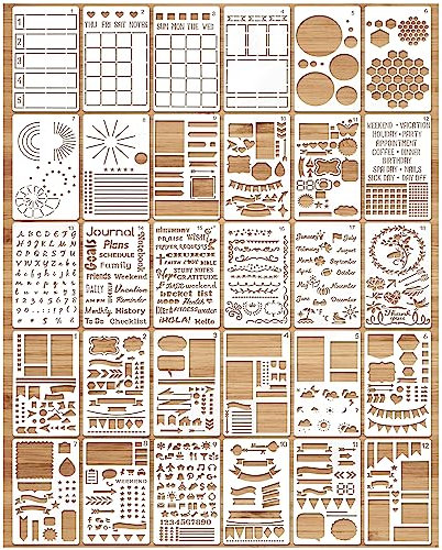 MWOOT 30 Stück Tagebuch Schablonen Journal Stencils Set, Wiederverwendbares Malerei Vorlage Bemalen Zubehör, DIY Schablone zum Malen an der Wand Scrapbooking Kinder Home Dekoration(17.8x10.2CM)