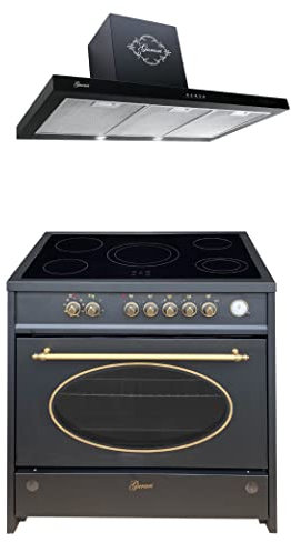 GURARI Herdset GCH E 912 BL r + GCH F 461 BL 9, Retro Standherd 90 cm, Range Coocker, 121 L, Schwarz + Dunstabzugshaube, Wandhaube 90 cm, Schwarz, Abluft/Umluft, Flachpanel Haube