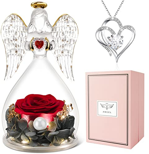 Miofula Cadeau Femme Rose Eternelle sous Cloche Ange, Cadeau Saint Valentin Femme, Cadeaux Maman Mamie Belle Mere Fleur Eternelle avec Collier, Préservé Rose Cadeaux Saint Valentin Anniversaire Copine