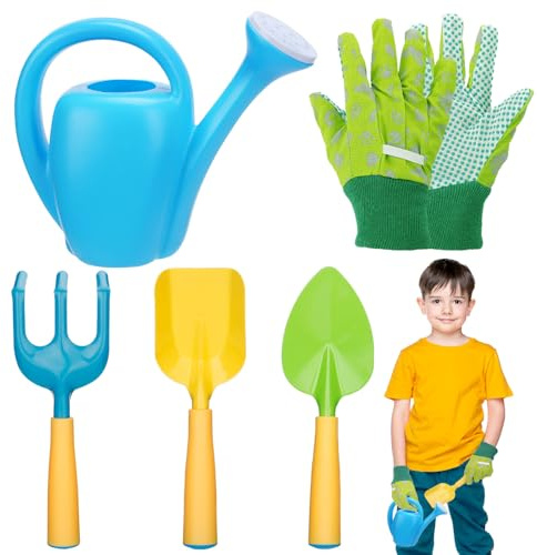Biubee Toddler Gardening Tools Set - Sturdy Kids Watering Can Toy, Child Gardening Set with Metal Shovel Hand Rake Kids Gloves, Garden Toys for Baby Outdoor Beach Sand Toy Gift, Blue