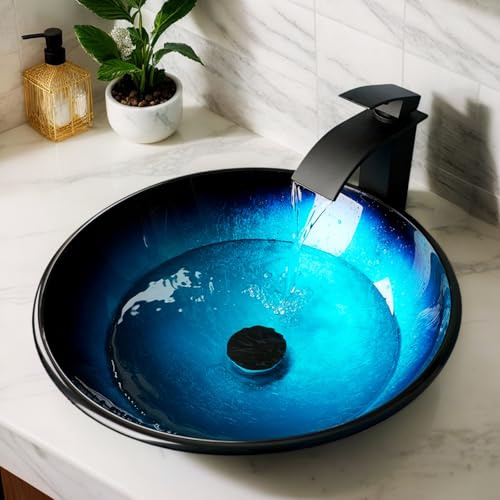MEKKHALA Blue Bathroom Sinks Balck Glass Vessel Sinks for Bathroom Countertop Round Vanity Sink Bowl Combos Black Mixer Faucet and Drain Set Glass Basin Bowl for Bathrooms Large